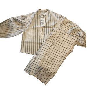 Zara Cream Button-Front Top with Black Pinstripes